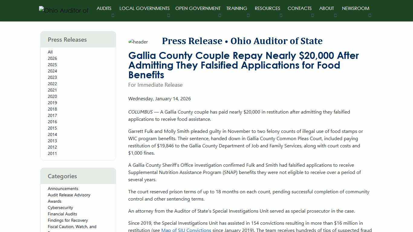 Press Release • Ohio Auditor of State